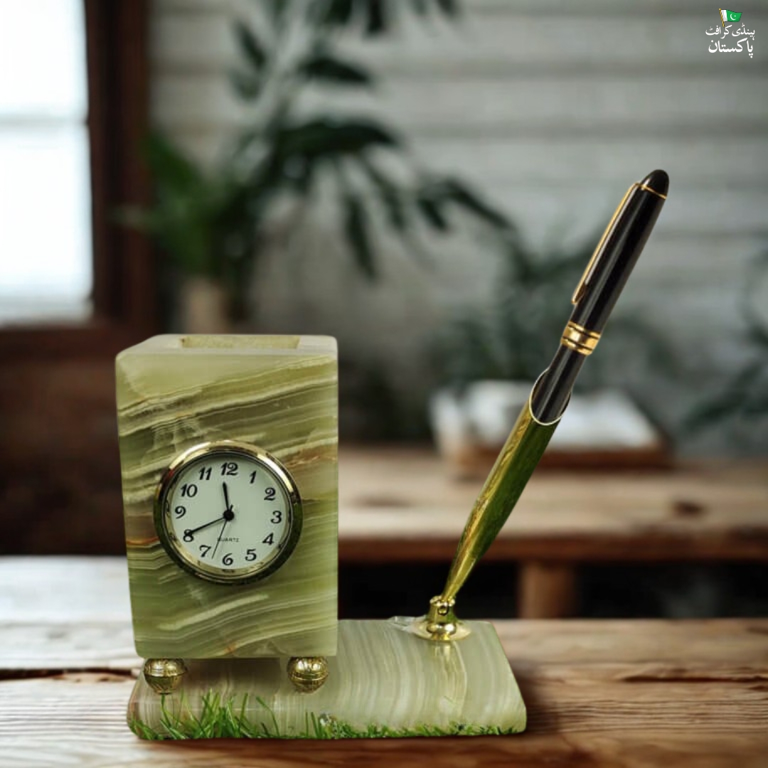Marble Pen Holder Desk with Clock