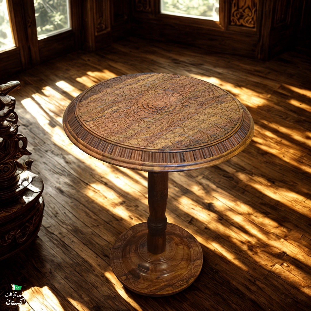 Round Wooden Corner Table With Carving Art And Brass Work
