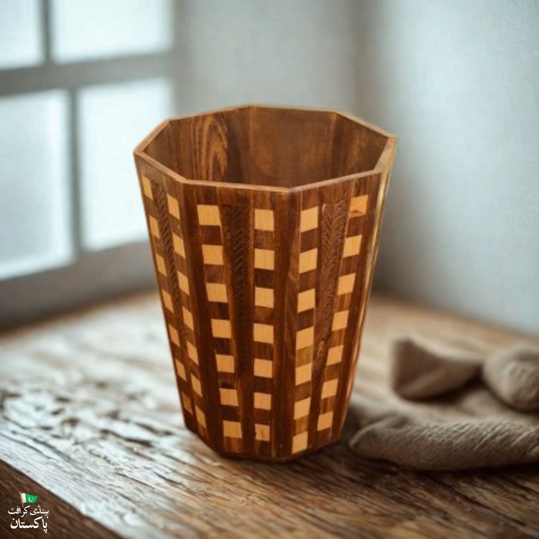Wooden Dustbin With Carving & Tukri